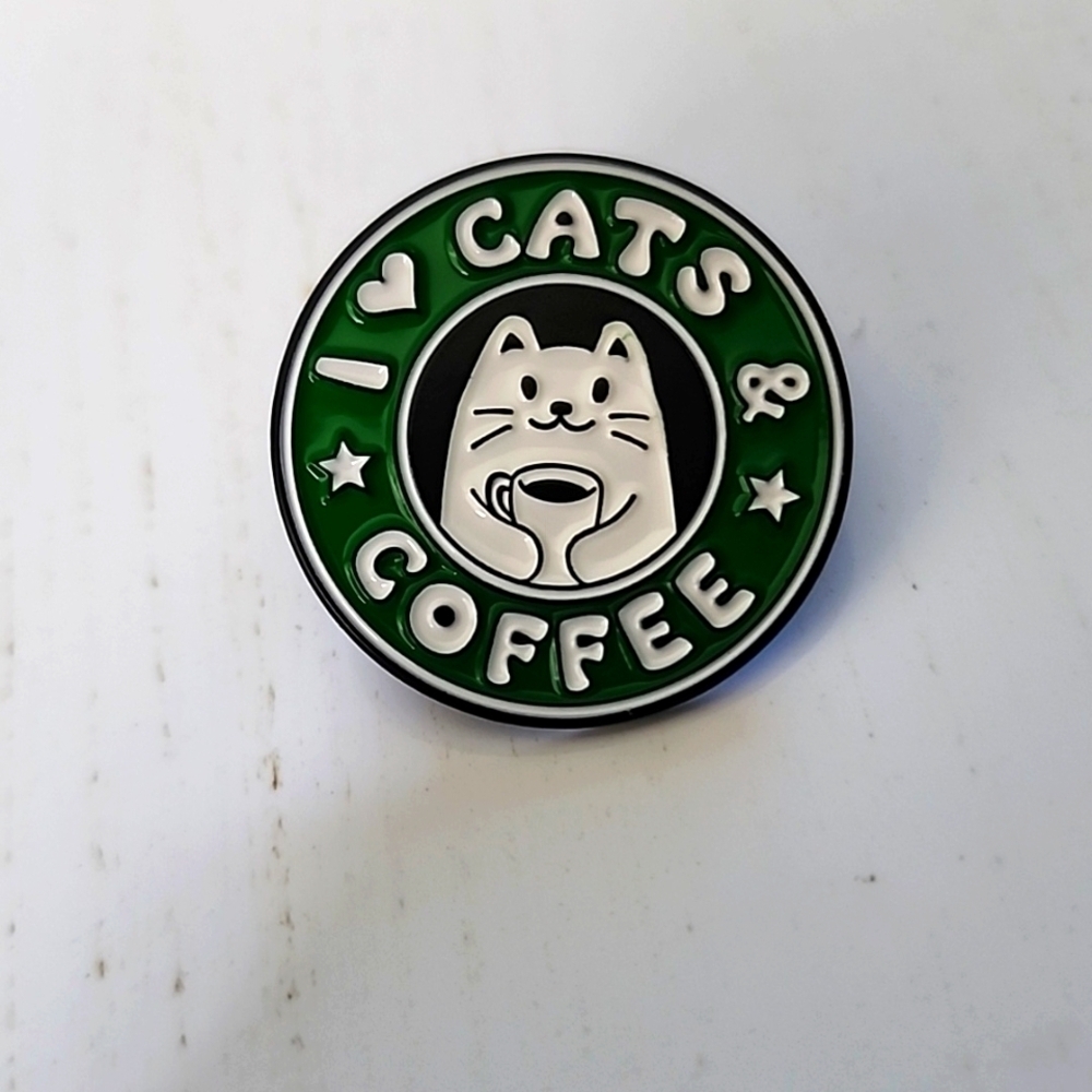 I LOVE Cats and Coffee Brooch Pin  Full of love For your Furry Friend & WHIMSY